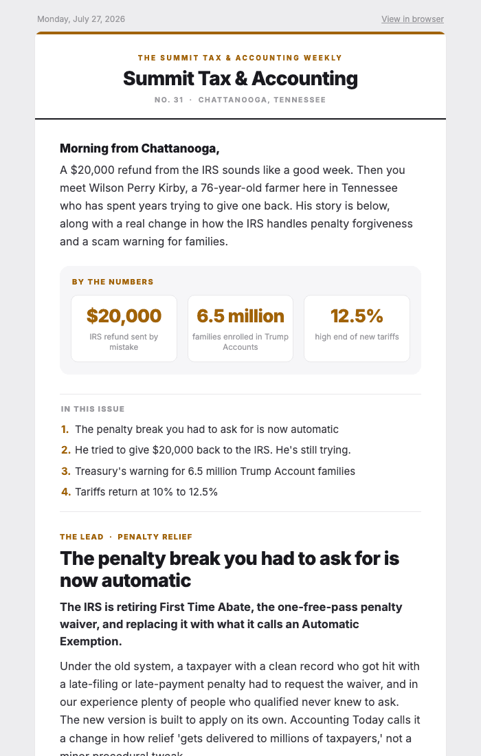 Accounting newsletter example — first page of the Summit Tax & Accounting issue
