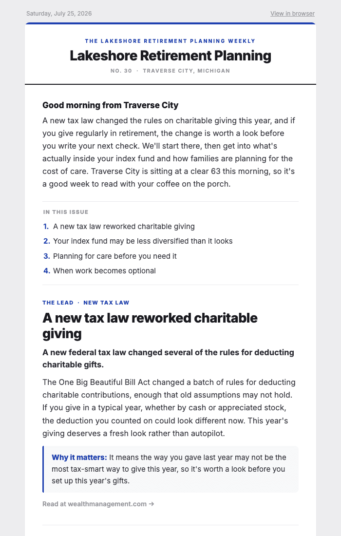 Financial advisors newsletter example — first page of the Lakeshore Retirement Planning issue