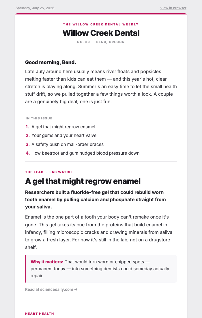 Dental newsletter example — first page of the Willow Creek Dental issue