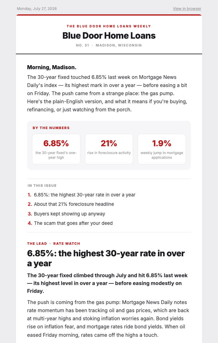 Mortgage newsletter example — first page of the Blue Door Home Loans issue