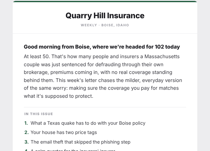 First page of the Quarry Hill Insurance issue